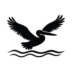 Black silhouette of a pelican flying over wavy water bird wave