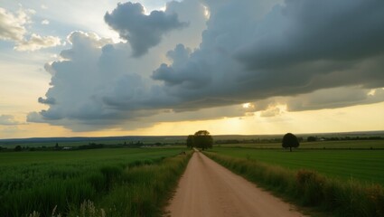 Obraz premium Dirt Road Leads Through Green Fields Towards a Dramatic Cloudy Sky