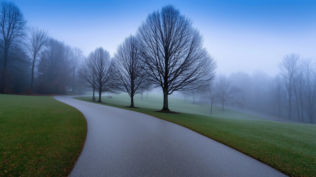 Foggy morning walk along a winding path in a serene park area with bare trees