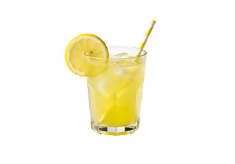 Refreshing lemon drink in a glass with ice and a straw.