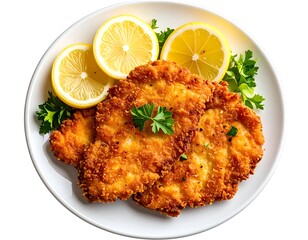 Crispy breaded chicken cutlets with lemon slices