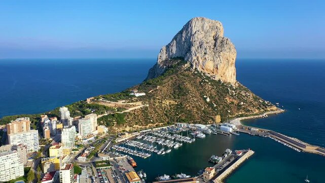 Aerial view of Calpe Bay and his beaches around the Pe&ntilde;on of Ifach, in the province of Alicante, Mediterranean Sea, Spain.
