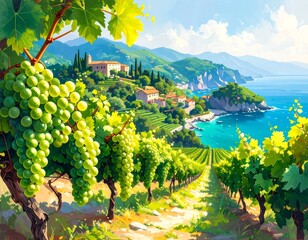 Picturesque vineyard overlooking a Mediterranean coast