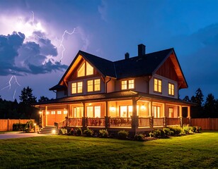 Stylish home at night with storm