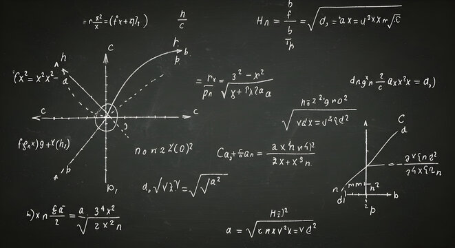 Chalkboard Filled with Complex Mathematical Equations and Graphs