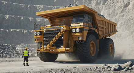 Massive Yellow Mining Dump Truck at Quarry, Safety First