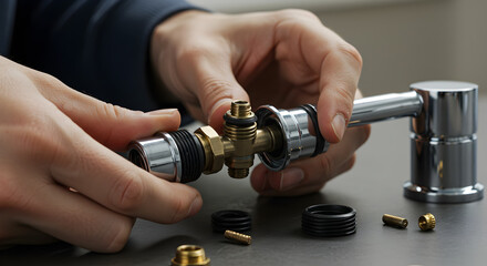 Close-up of Hands Assembling Plumbing Fixture Parts