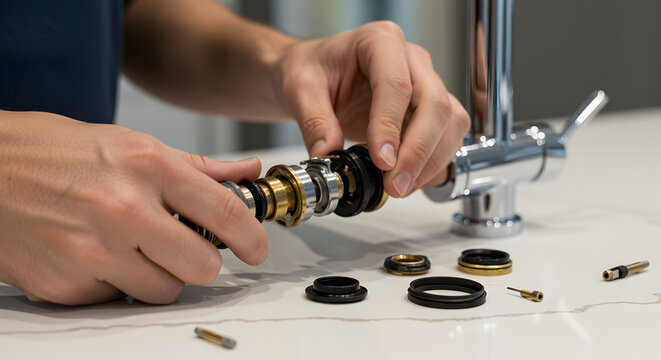 Hands Repairing Faucet Cartridge with Precision