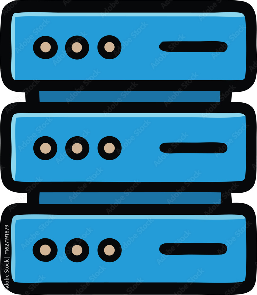 Poster host server stacked blue servers with black outlines and three round indicators on each, conveying d