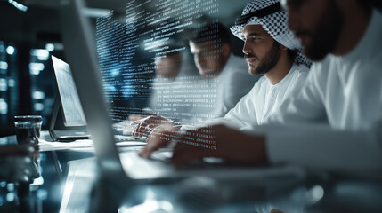 Collaboration in a modern tech hub with professionals working on coding projects