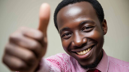 Smiling man giving a thumbs up in a casual environment with neutral background