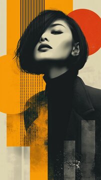 Modernist portrait of a confident woman with short hair, layered with geometric textures and abstract orange, red, and monochrome elements