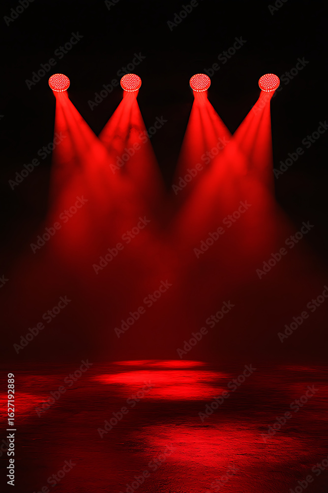 Poster red stage lights illuminating a dark performance area, creating an atmospheric backdrop for events