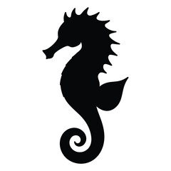 Black silhouette of a seahorse with a curled tail on a white background ocean