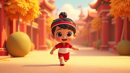 An adorable animated child with a cheerful expression runs along a path lined with traditional red East Asian architecture and autumn trees.