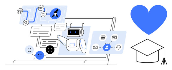 Robot chatbot managing emotions, messages, and user tasks on a laptop screen. Ideal for technology, customer service, education, emotional intelligence, AI tools, user support simple landing page