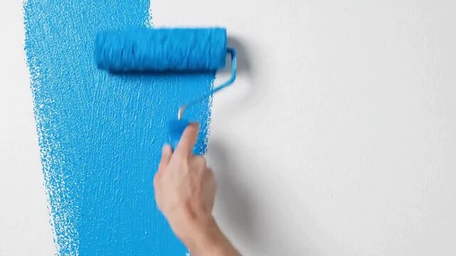 Closeup of a human hand with a blue paint roller on a white wall
