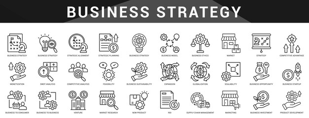 A strategic collection of icons for business planning, development, and competitive market positioning.  