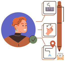 Profile of person with completed task checkmark, pen, email icon, and workflow elements. Ideal for productivity, task management, organization, workflows, planning efficiency simple flat metaphor