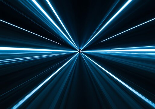 Abstract blue light trails streak from a central vanishing point, creating a sense of high speed and motion.