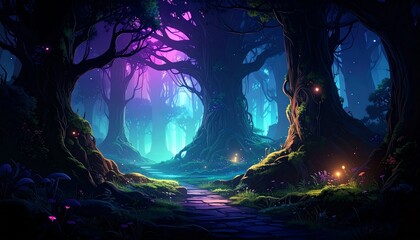 Enchanted forest pathway leading to a glowing light creating a fantasy landscape of wonder