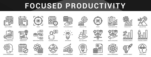 Icons to boost productivity with goal setting, planning, motivation, focus, and balance for peak personal performance.