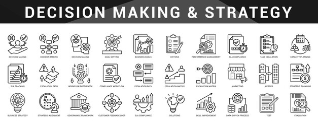 A strategic set of icons focused on decision making, compliance, escalation, and data driven frameworks.