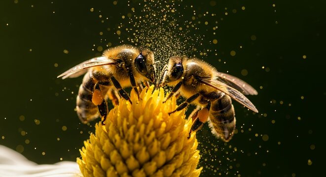 honey bees pollinating yellow flower with pollen cloud - Powered by Adobe