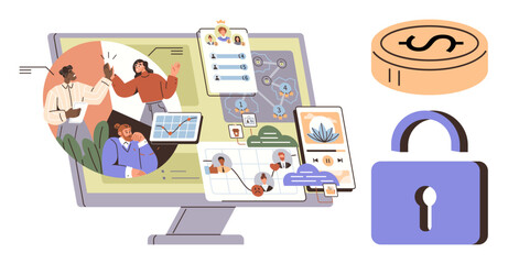 Diverse team collaborating on digital interfaces, charts, and connections on a monitor. Includes privacy padlock and finance symbol. Ideal for teamwork, technology, security, finance, innovation