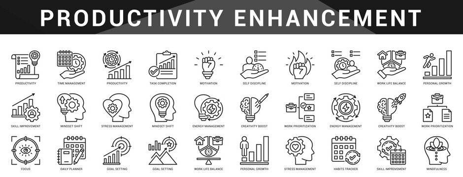 A collection of productivity enhancing icons for focused routines, habit tracking, and personal success strategies to help you get more done, smarter.