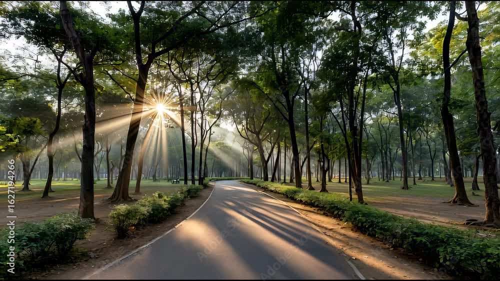 Poster sunlight filtering through green trees along winding paved road and pathway in peaceful park with sh