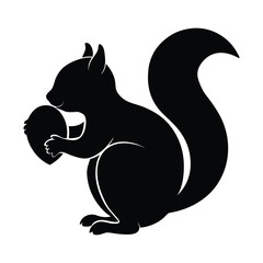 Black silhouette of a squirrel holding a nut on a white background acorn