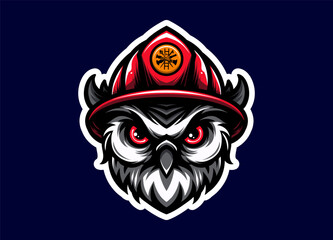 Owl mascot head wearing a firefighter helmet, symbolizing wisdom, bravery, and protection. Ideal for logos, badges, team identity, safety campaigns, and heroic-themed vector illustrations