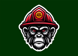 Fierce ape mascot head wearing a firefighter helmet, symbolizing bravery and strength. Perfect for logos, badges, team branding, illustrations, and emergency service-related graphic designs