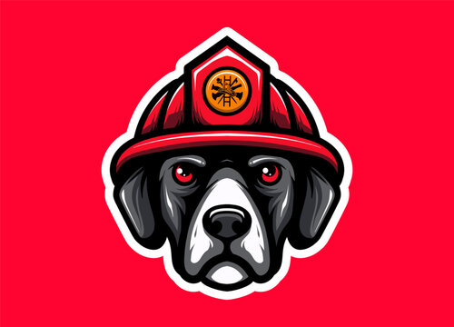 Bold mascot design of a dog head wearing a firefighter helmet, perfect for logos, emergency-themed illustrations, rescue team branding, heroic concepts, and bold vector artwork.