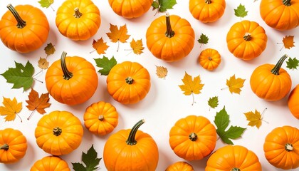 Group of plump orange pumpkins nestled among colorful autumn leaves on a light surface