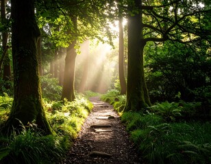 Sunbeams illuminating a pathway through a lush forest