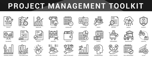 Comprehensive icon set for managing tasks, workflows, and resources efficiently in project based business environments.