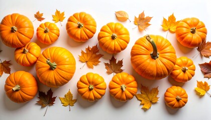 Collection of orange pumpkins surrounded by colorful autumn leaves on a light surface