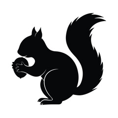 Black silhouette of a squirrel holding an acorn on a white background animal