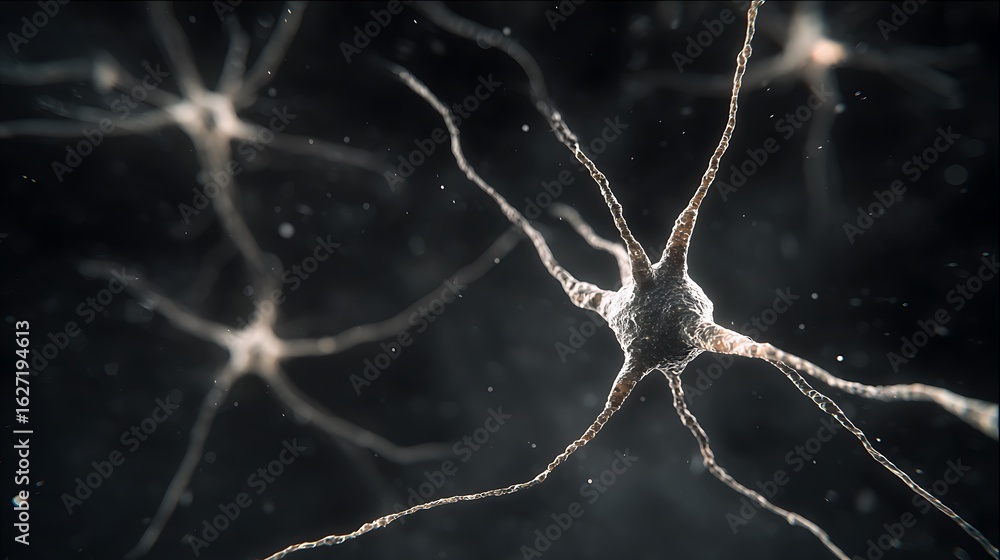 Poster close-up neuron cell structure with dendrites on dark background
