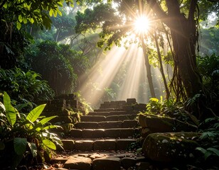 Sunbeams illuminating a stone pathway through a lush jungle