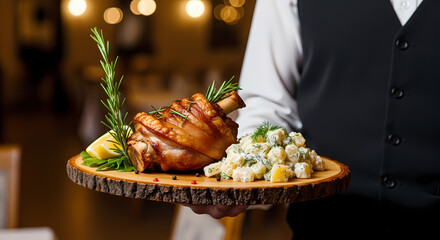 A professional waiter in a vest holds a rustic wooden platter with a delicious roasted pork knuckle and a side of potato salad.