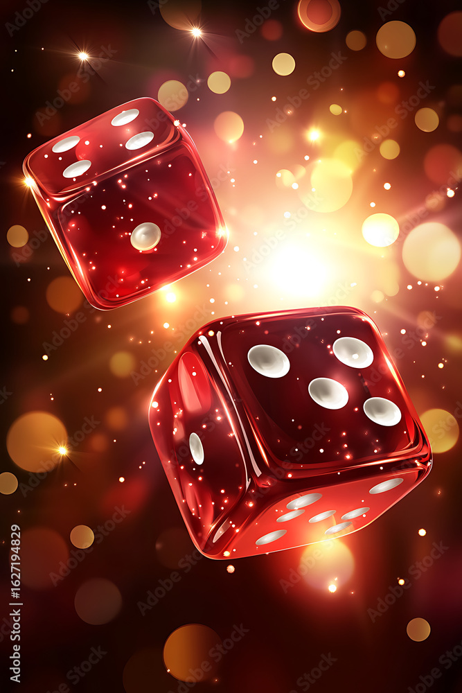 Aufkleber two vibrant red dice floating in mid-air with a sparkling background of golden bokeh lights