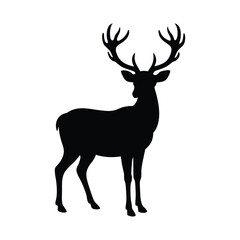 Black silhouette of a stag with large antlers standing on a white background deer