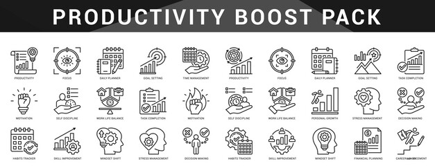 Productivity boosting icons to optimize workflow, energy, and focus with visual tools for habits, goals, and daily planning.