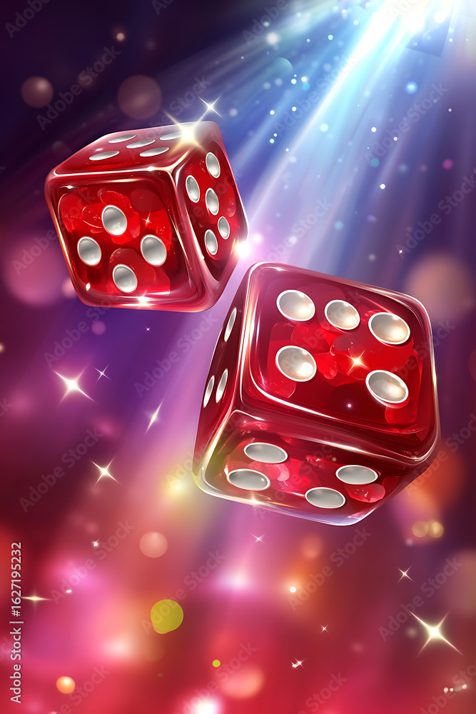 Aufkleber two red dice floating in a colorful, sparkling background with beams of light shining down