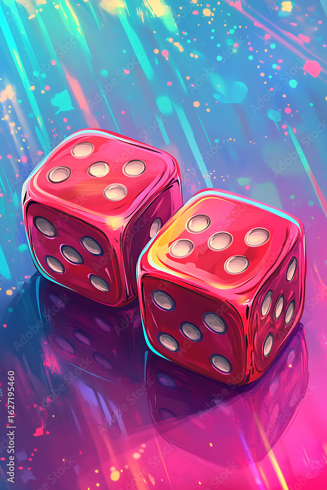Poster colorful close-up of two glossy red dice on a vibrant abstract background with dynamic light pattern