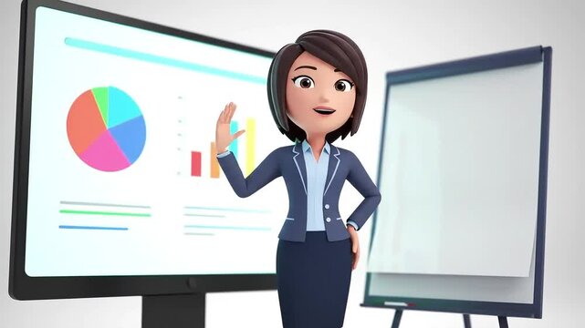3D Cartoon Businesswoman Presenting Data on Digital Screen and Whiteboard