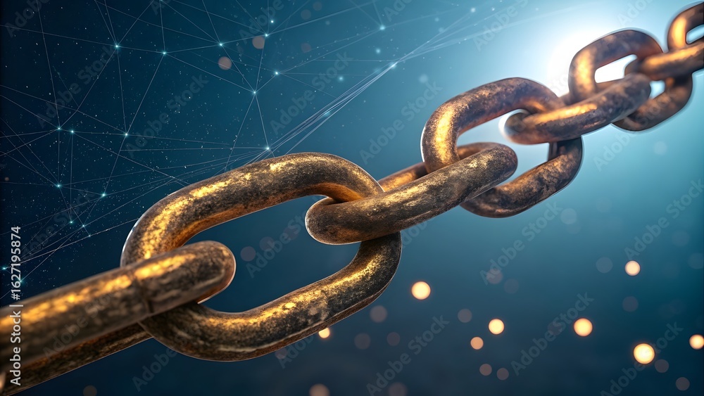 Poster closeup of metal chain links with abstract technology background symbolizing strength connection and